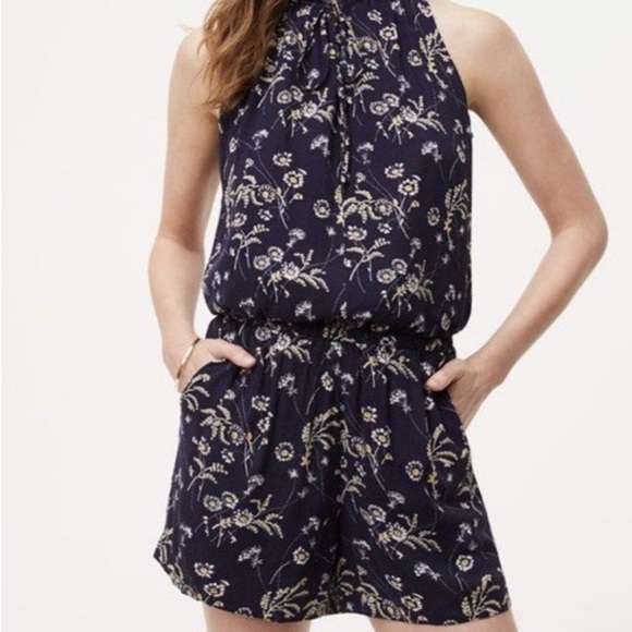 LOFT Pants - LOFT navy floral sleeveless romper jumpsuit spring summer cool breezy casual